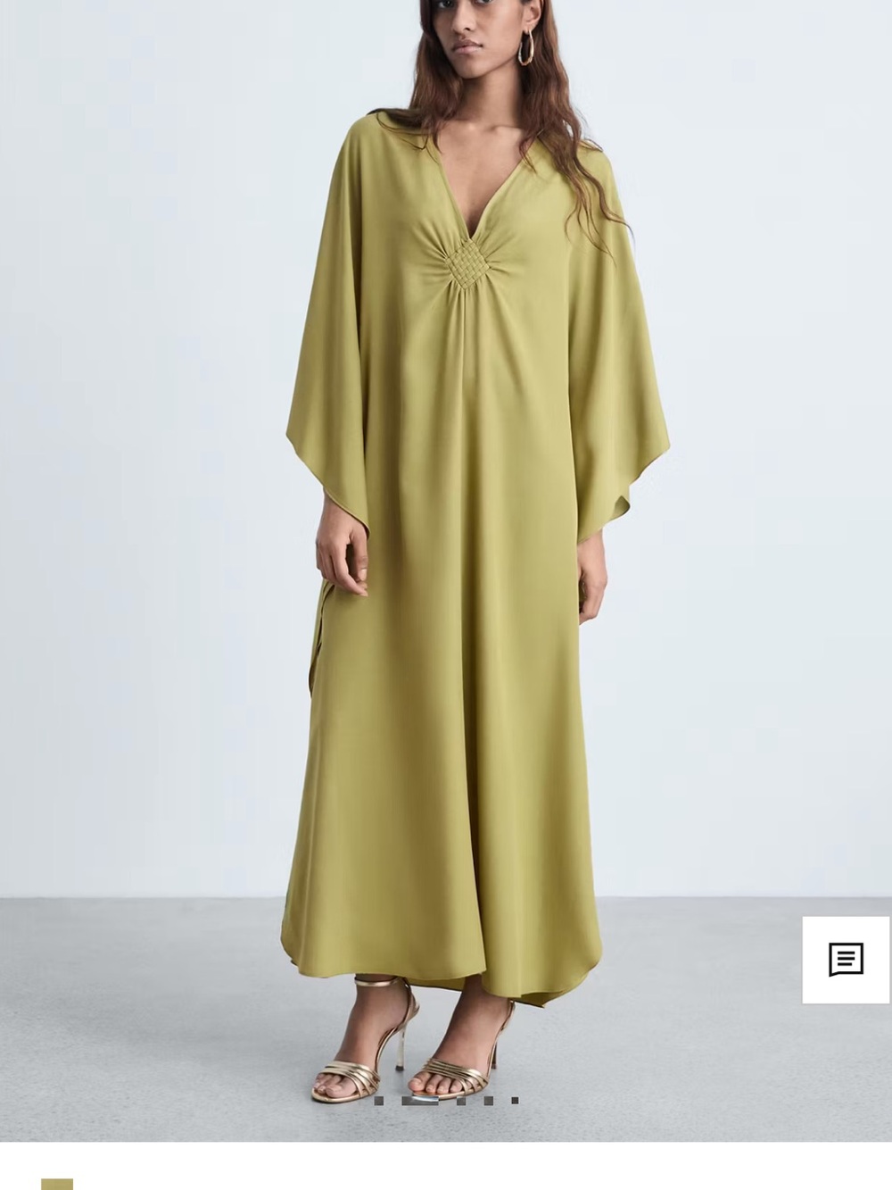 Mango Olive Green V-Neck Gathered-Front Caftan